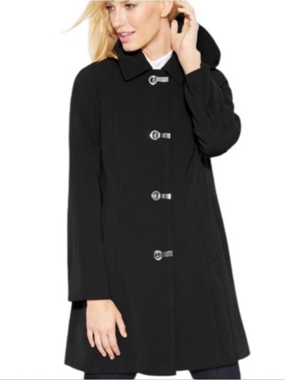 London Fog Black Trench Coat with Silver Toggle-Style Closure